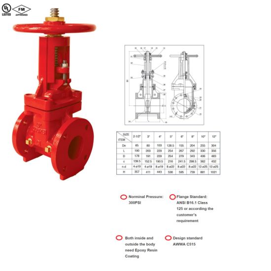 FM/UL OS&Y Type Flanged End Gate Valve 300psi